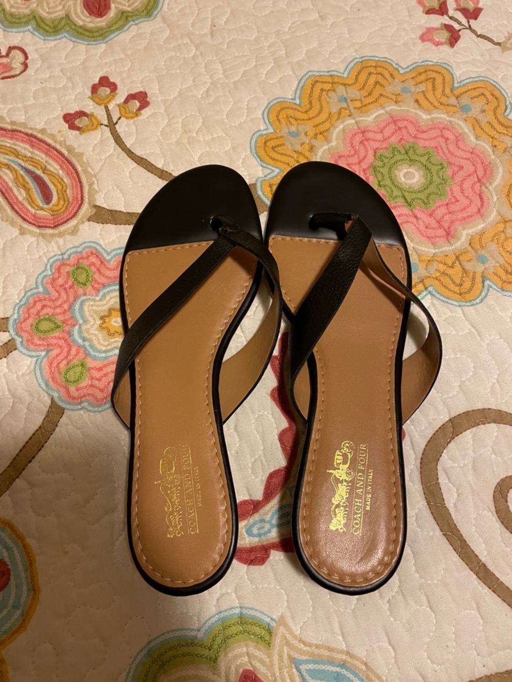 Coach and Four  Black and Tan Leather Crisscross Slide Sandals